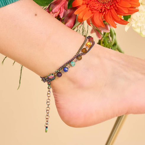 Chakra arc-en-ciel | Chaîne de cheville à 7 pierres précieuses | Licorne argentée